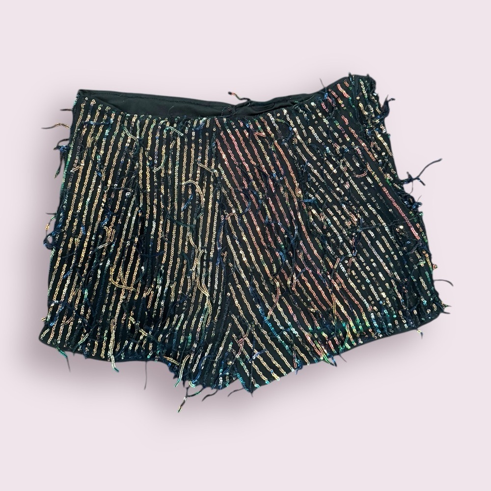 Shein Black Sequin Fringe Mini Shorts Bodycon Fit Size L
